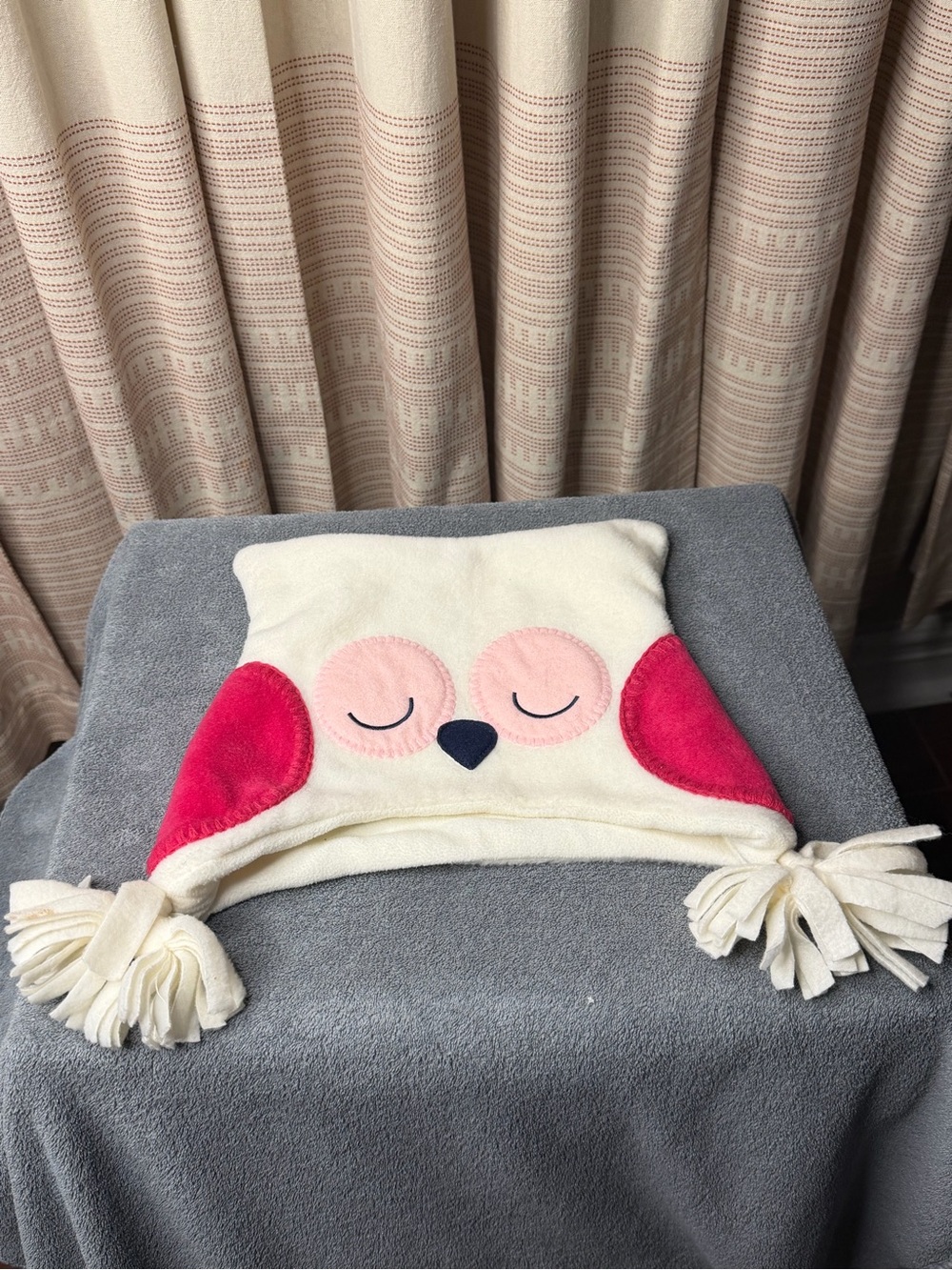 Kids Cream Owl Beanie Hat with Pink Accents